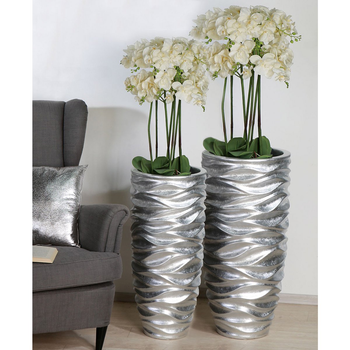 Pflanzgefäß"Waves"silber,D.35cm H.76cm