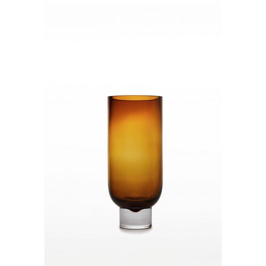 Moderne luxuriöse zylindrische Vase auf solidem Sockel, schlichtes Design, bernsteinfarben, OMA28AM