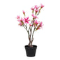 Künstlicher Magnolienbaum grün-rosa – im schwarzen Anzuchttopf, Frontansicht