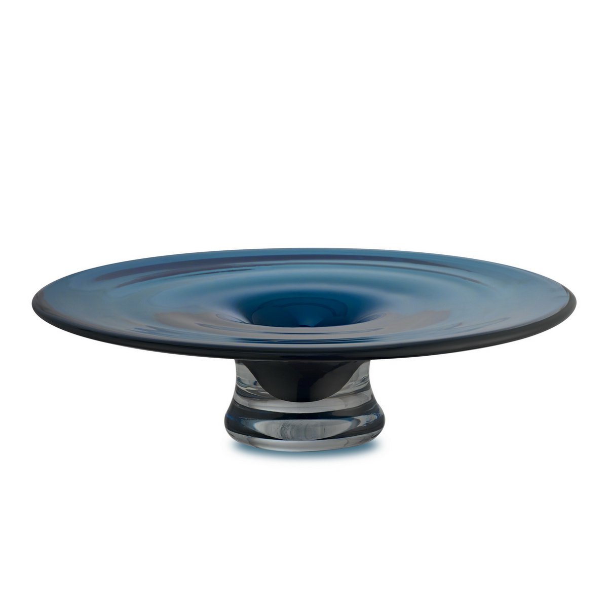 runde flache Vase oder Schale, tiefblaues dickes Glas, handgedreht: ALAIN