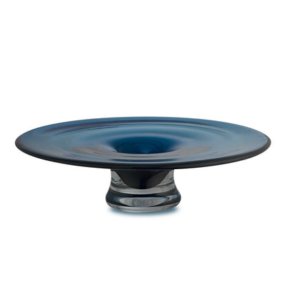 runde flache Vase oder Schale, tiefblaues dickes Glas, handgedreht: ALAIN
